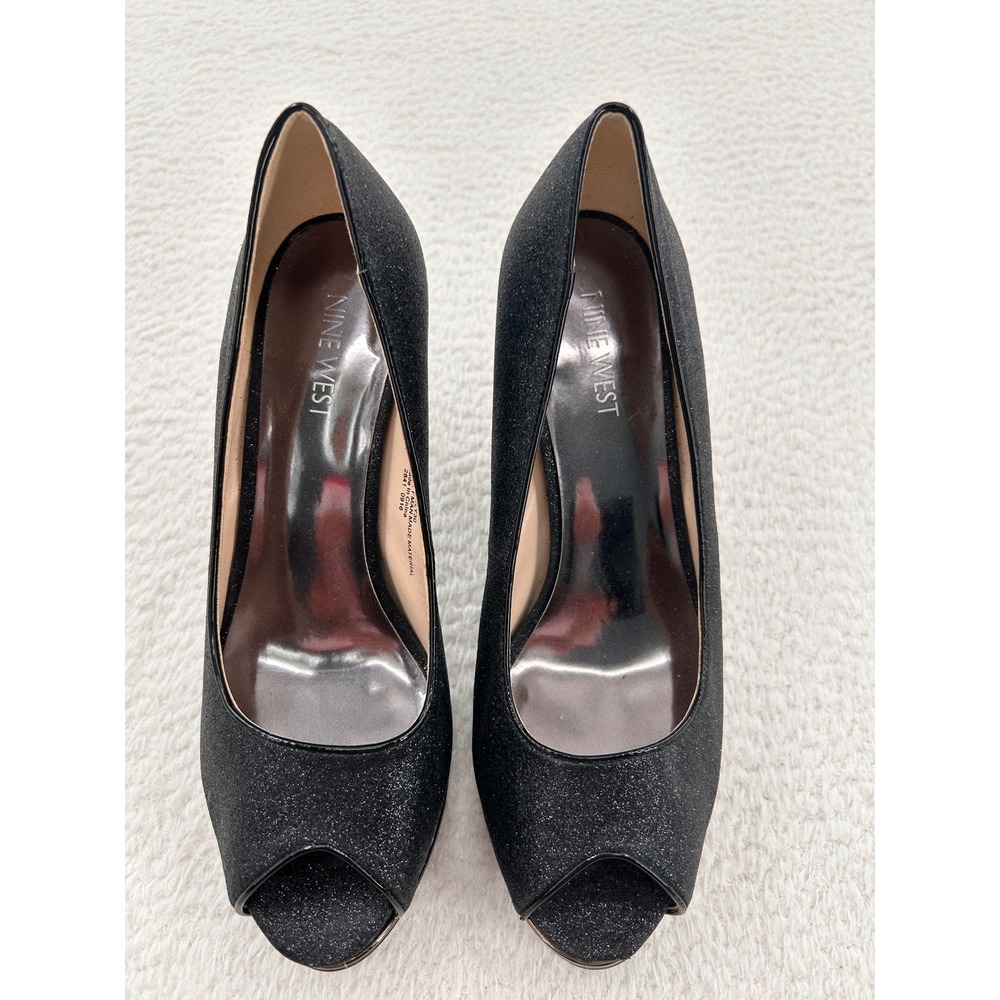 Nine West Chantilly30 Black Glitter Peep Toe Platform Pumps Heels Womens 8M